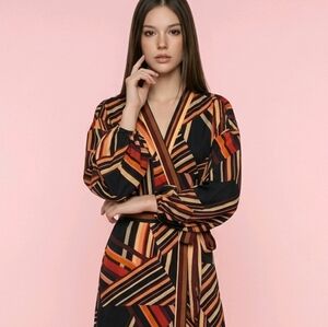 70s Inspired Geometric Wrap Dress | Statement Print Tie Waist